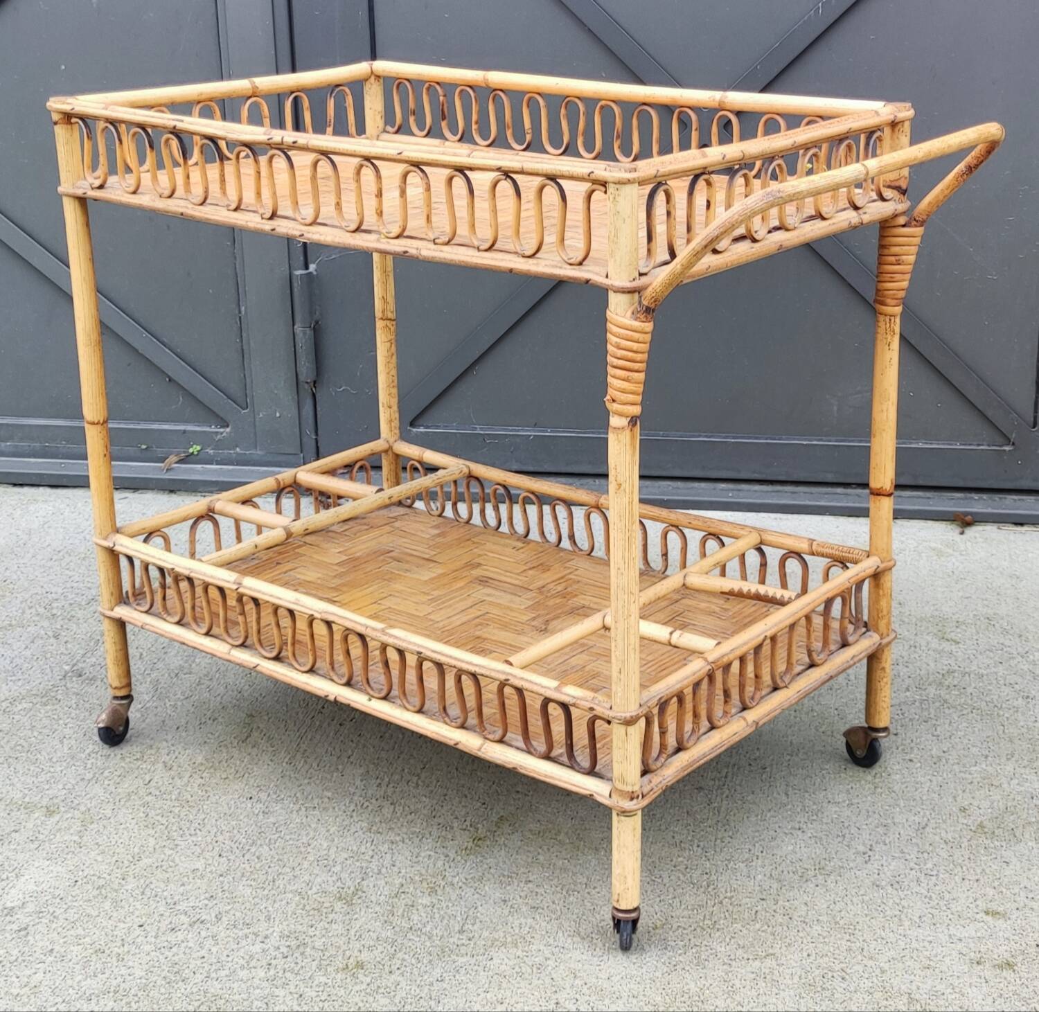 Vintage rattan bar trolley rolling serving cart