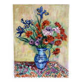 Iris and orange carnations, oil on canvas signed Gisèle Renaut.