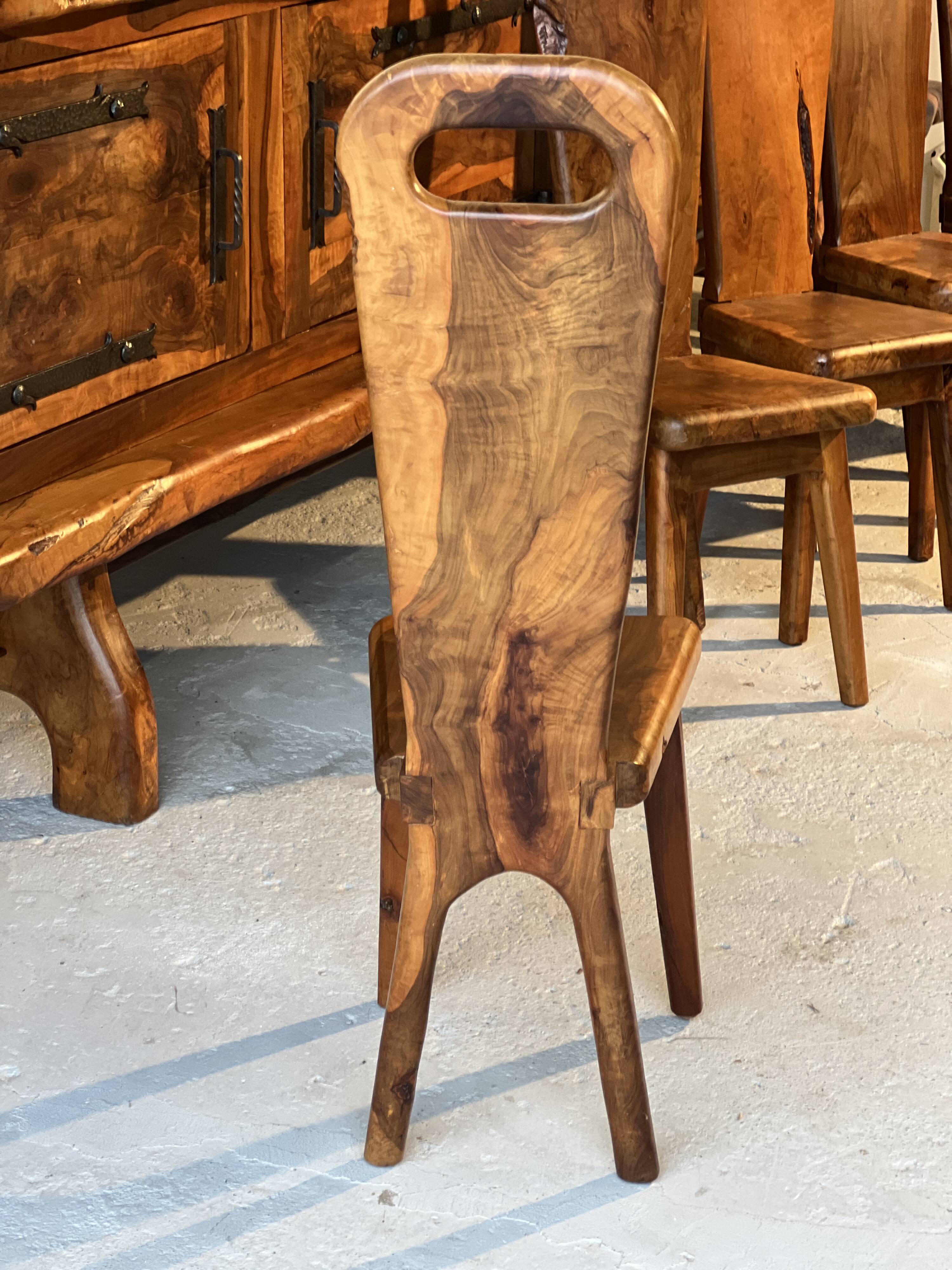 Sculptural high-back chairs in solid olive wood from the 1960s, set of 6.