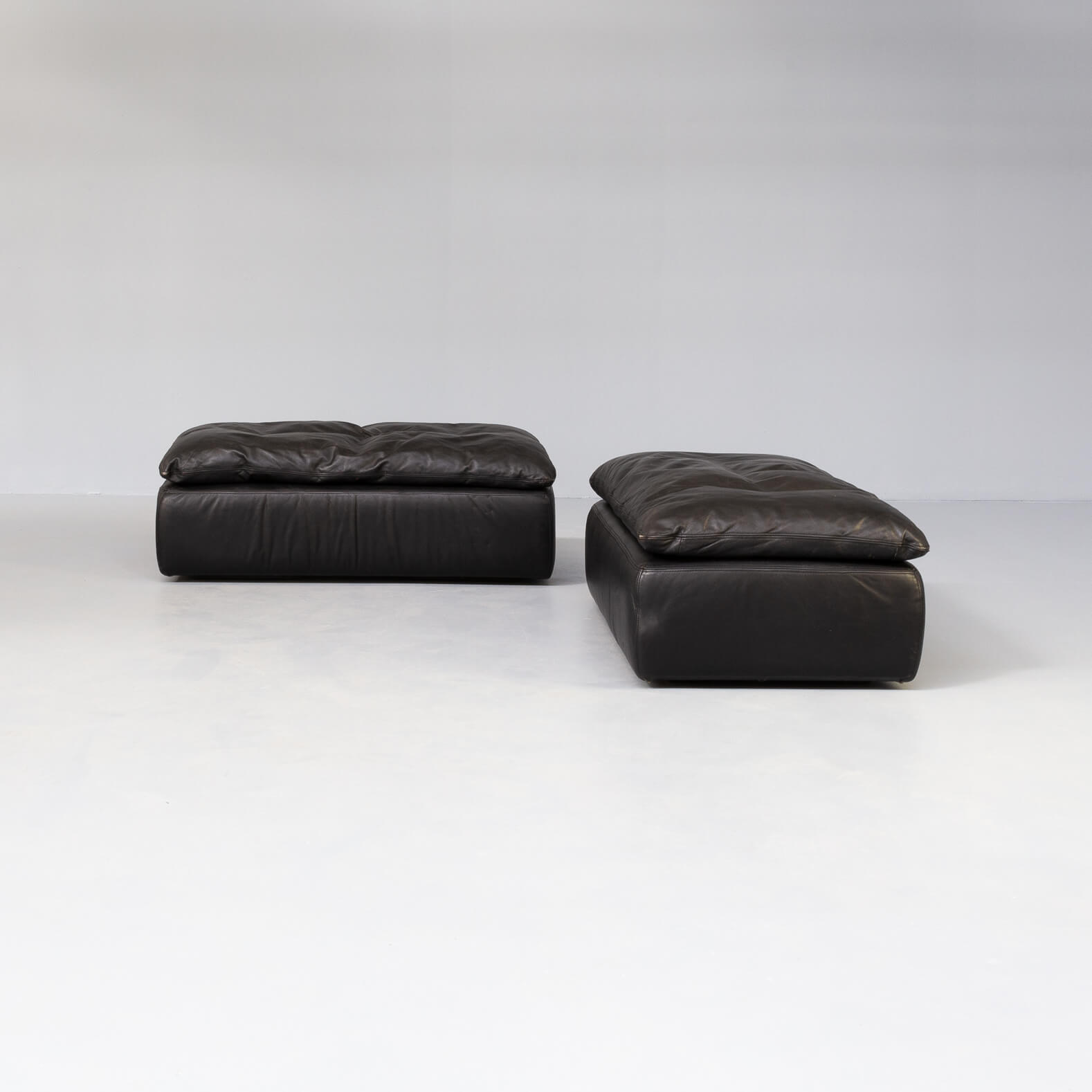 80s black leather pouf, sofa, ottoman set/2