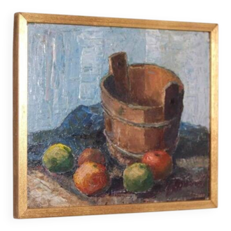 Original Swedish oil on panel – “Still Life with Bucket” – vintage & framed – 39 × 45 cm (15.4" × 17.7")