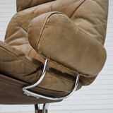 1970s, Norwegian design by Harald Relling, original condition, leather, chrome steel, teak wood.
