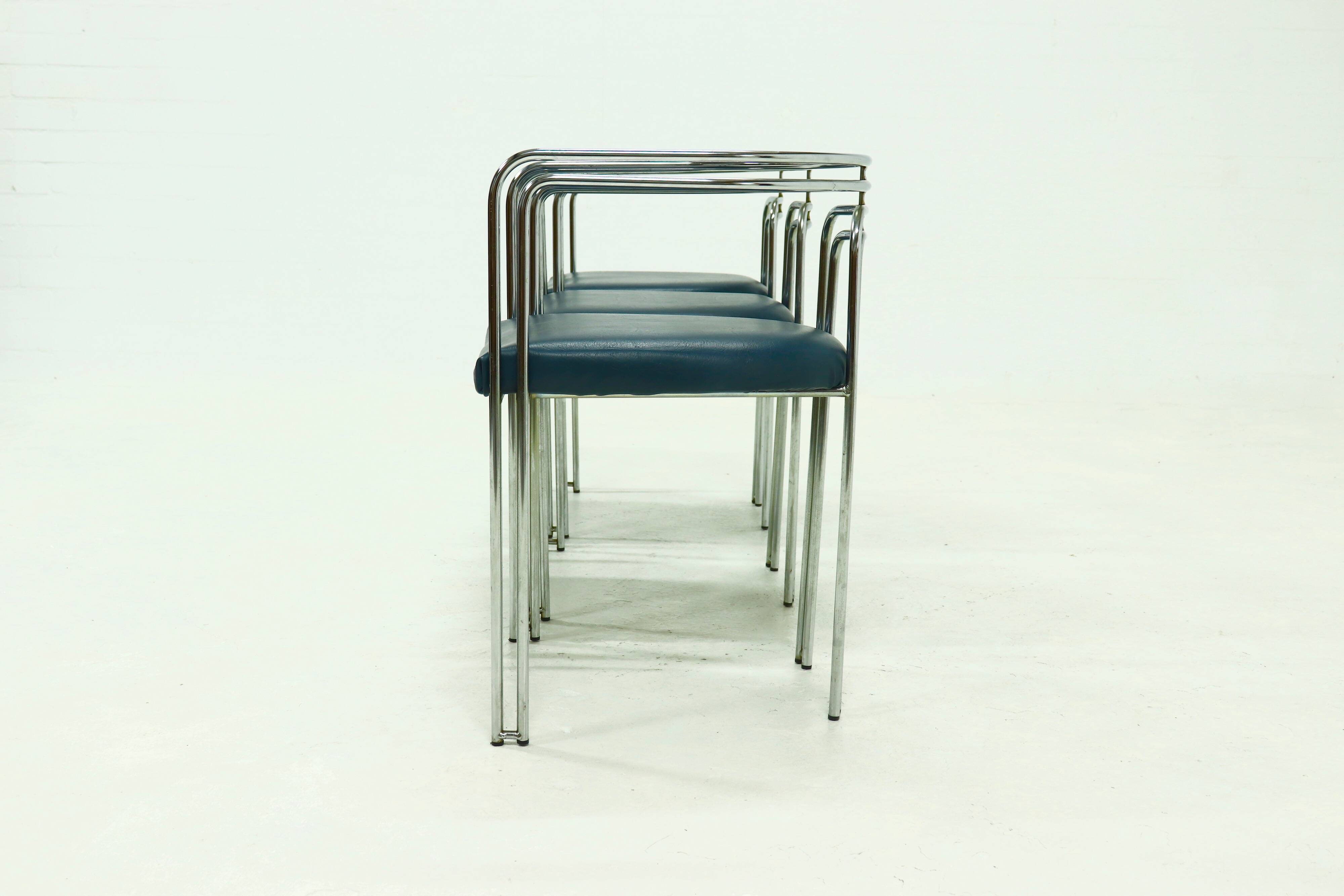 Set of 3 Chromed Steel Dining Chairs, France 1970s