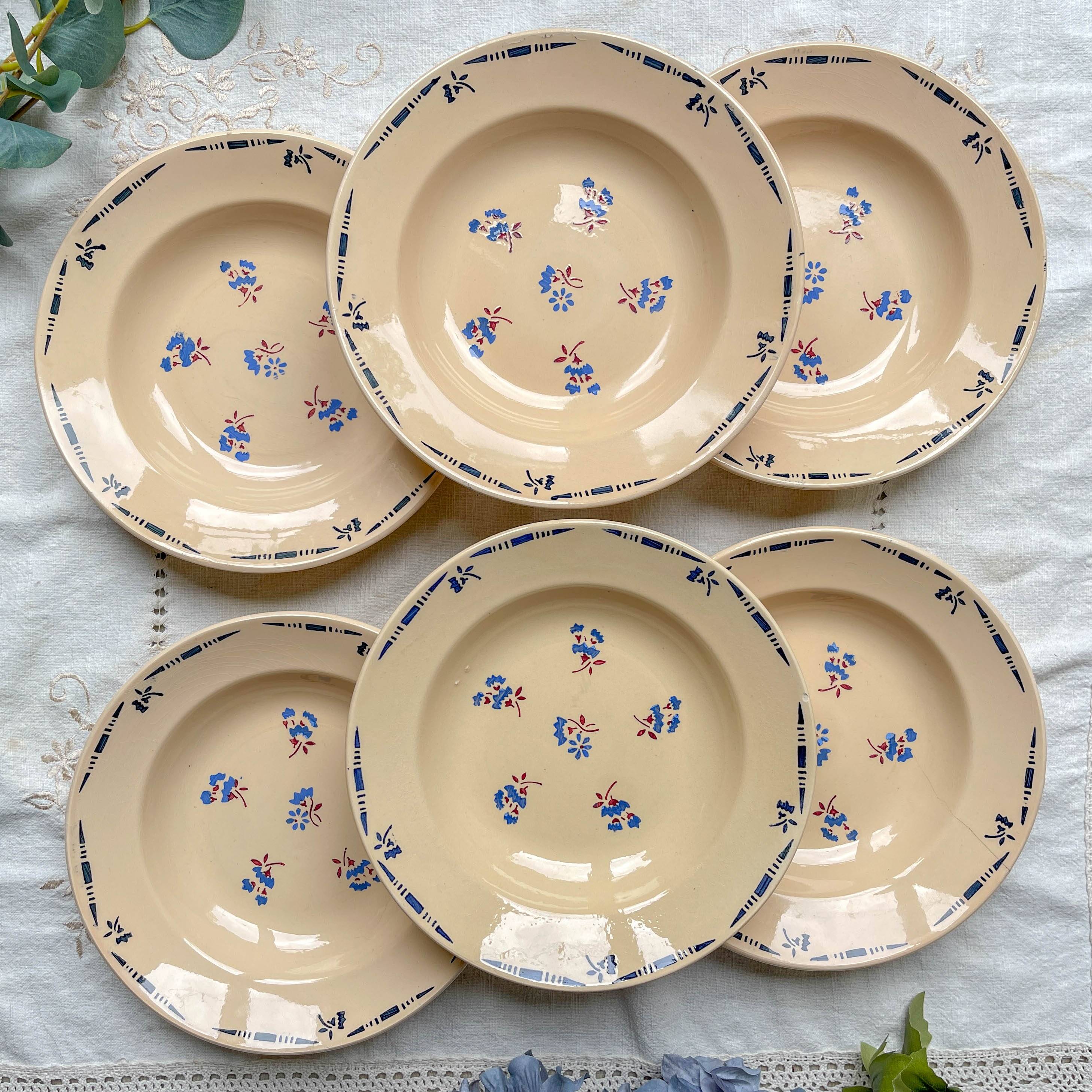 6 vintage K&G Luneville "Flore" porcelain soup plates, 1950s, small blue flowers