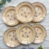 6 vintage K&G Luneville "Flore" porcelain soup plates, 1950s, small blue flowers