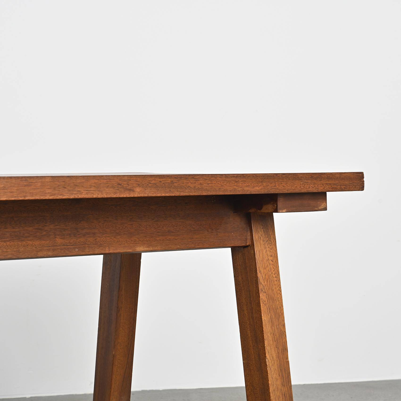 Mahogany dining table and benches, mountain work, France circa 1960