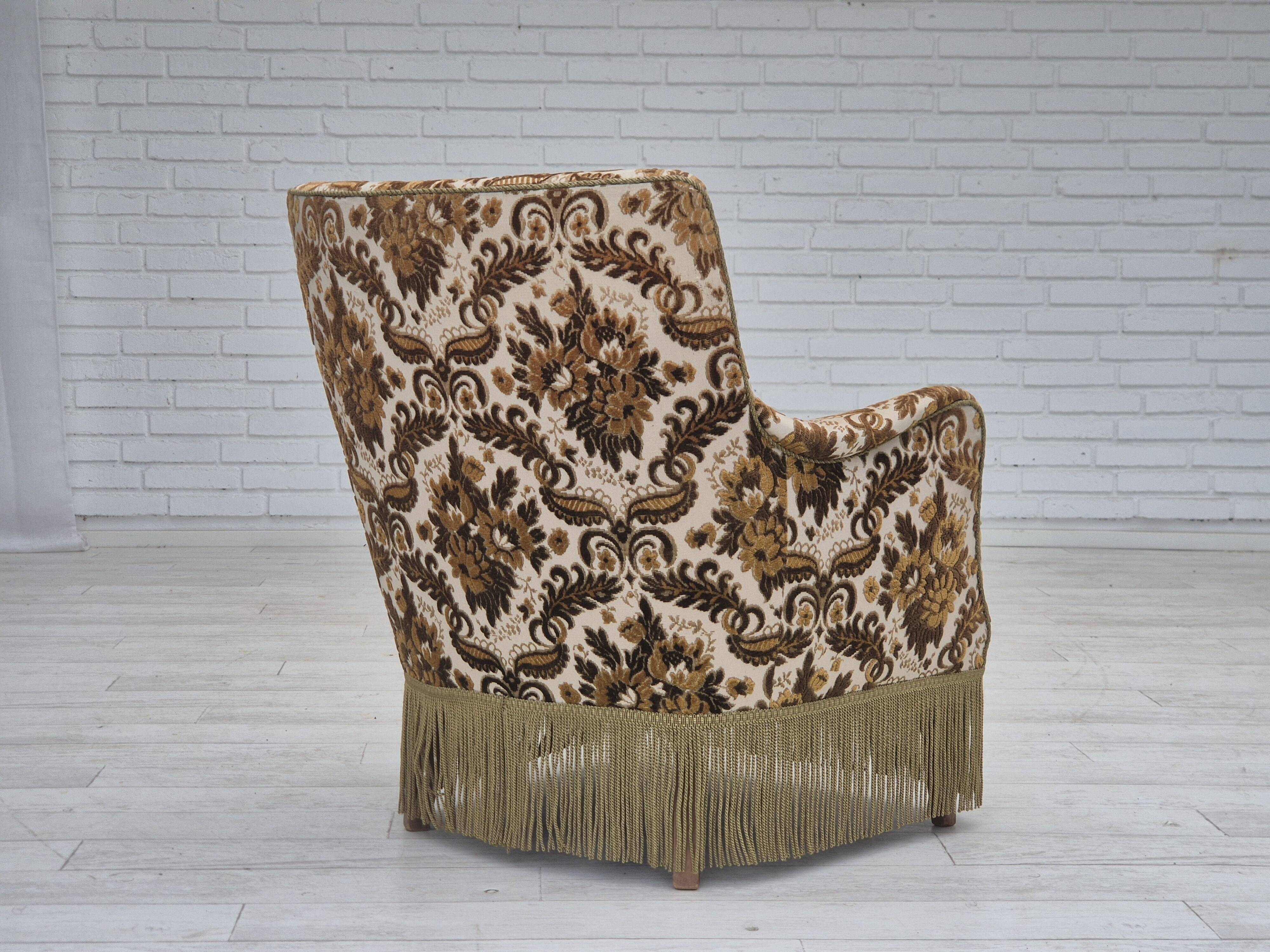1960s, Danish armchair, furniture velour fabric, ash wood.
