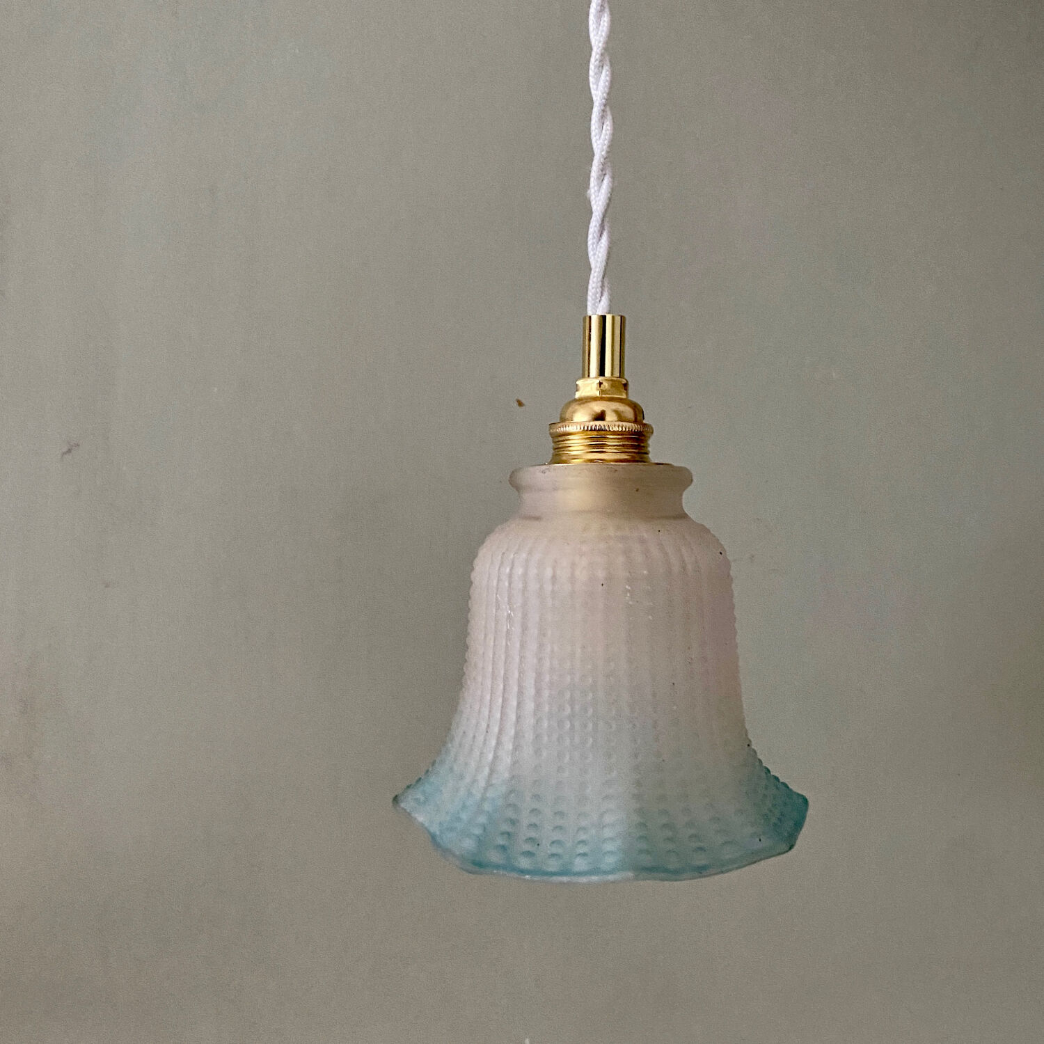 Vintage tulip walking lamp in white and blue frosted glass