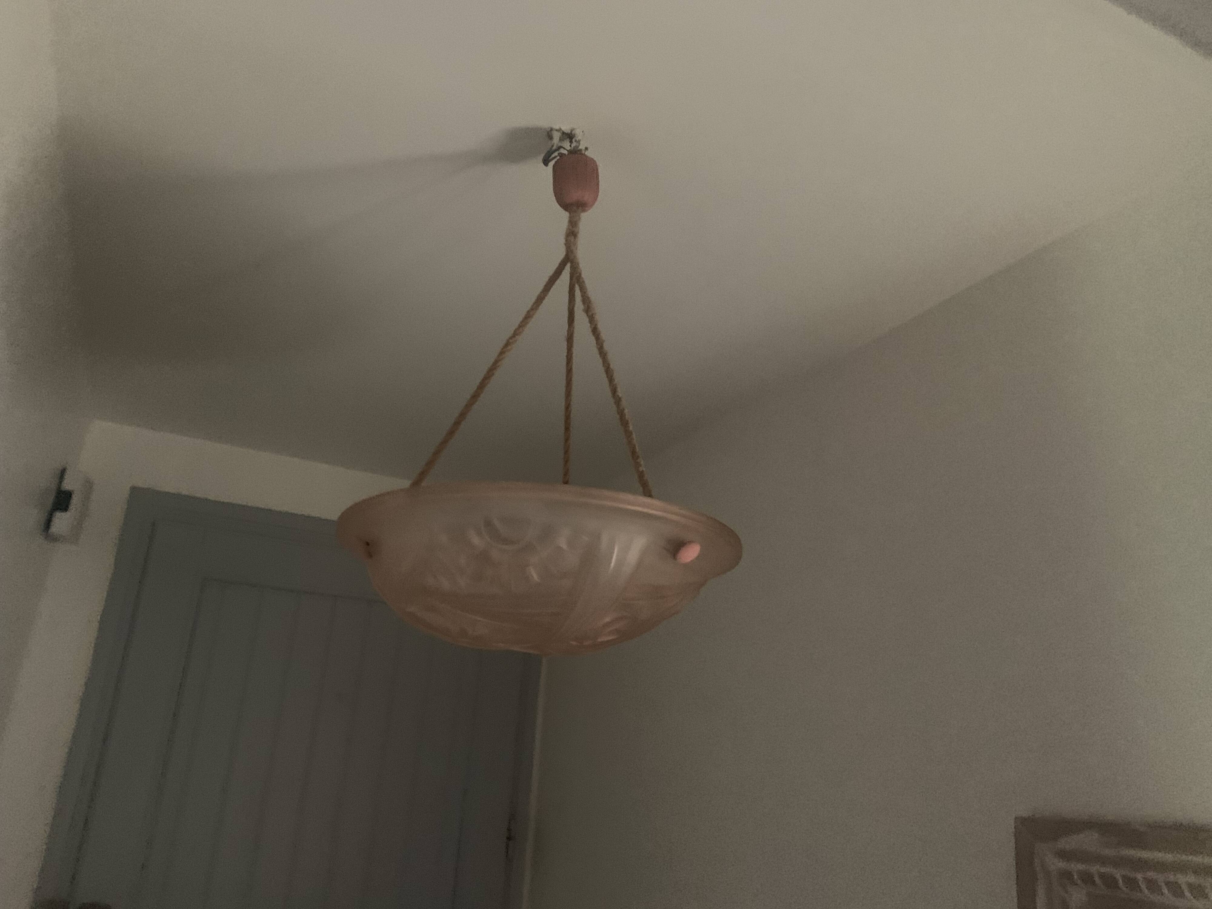 Art Deco Suspension Lamp in Pastel Pink Frosted Glass Signed Degué France 1930s