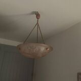 Art Deco Suspension Lamp in Pastel Pink Frosted Glass Signed Degué France 1930s