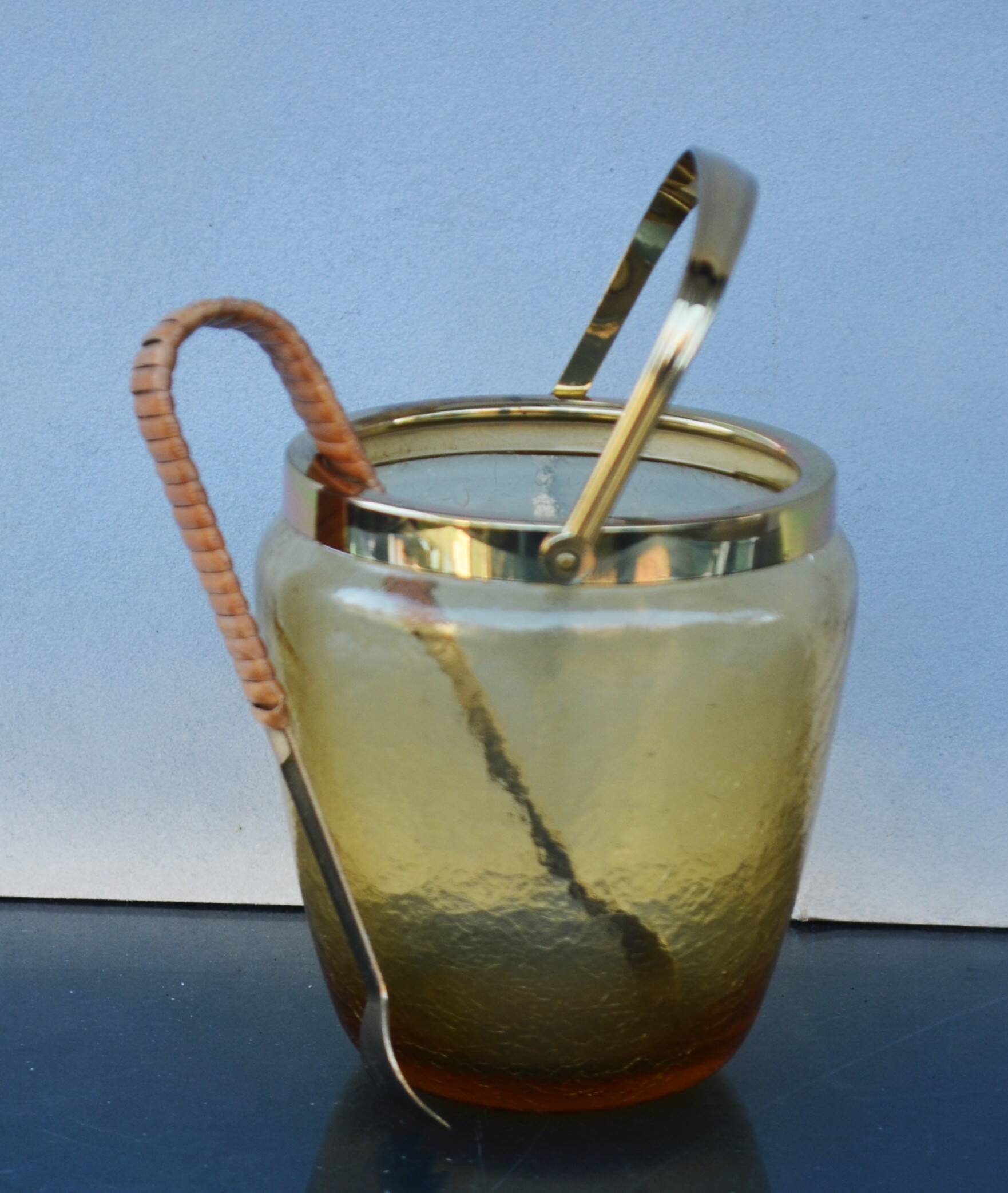 Mid Century Crackle Amber Glass Ice Bucket WMF With Ratan Handle