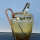 Mid Century Crackle Amber Glass Ice Bucket WMF With Ratan Handle