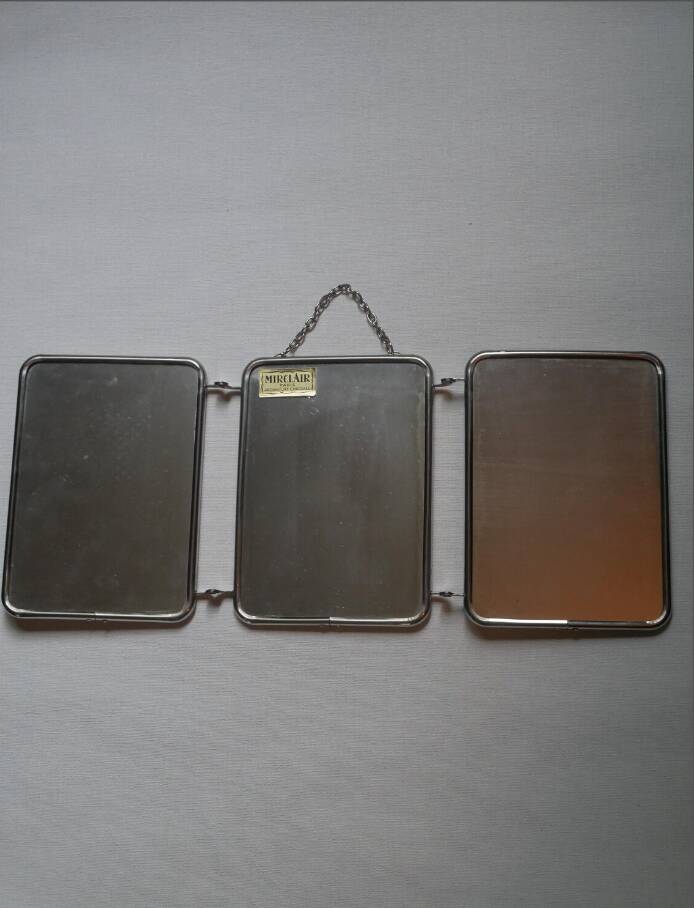Barber mirror triptych chrome metal imitation cream leather vintage chain