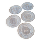 5 assiettes à dessert en verre épais ciselé transparent