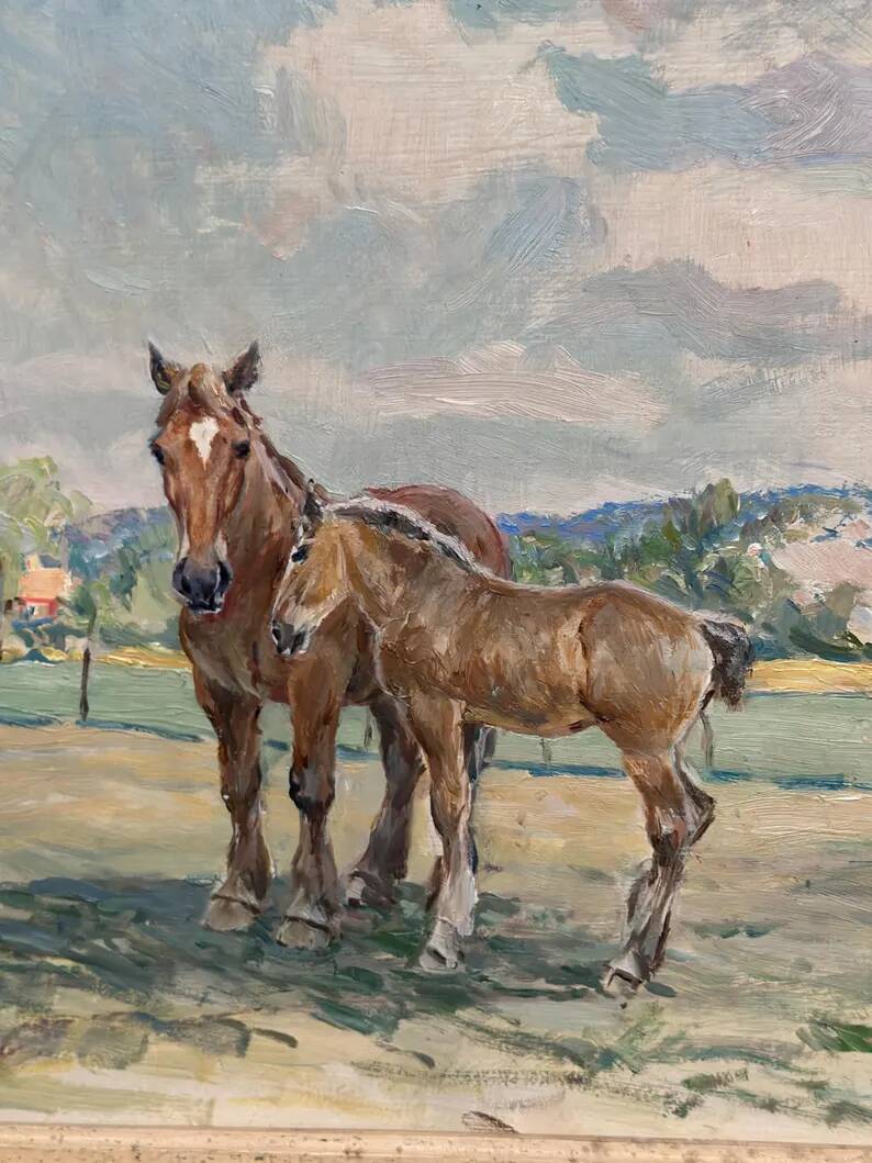 Original Vintage Swedish Oil on Panel – “Horses in a Pasture” by Einar Söderlund – Signed – Vintage & Framed