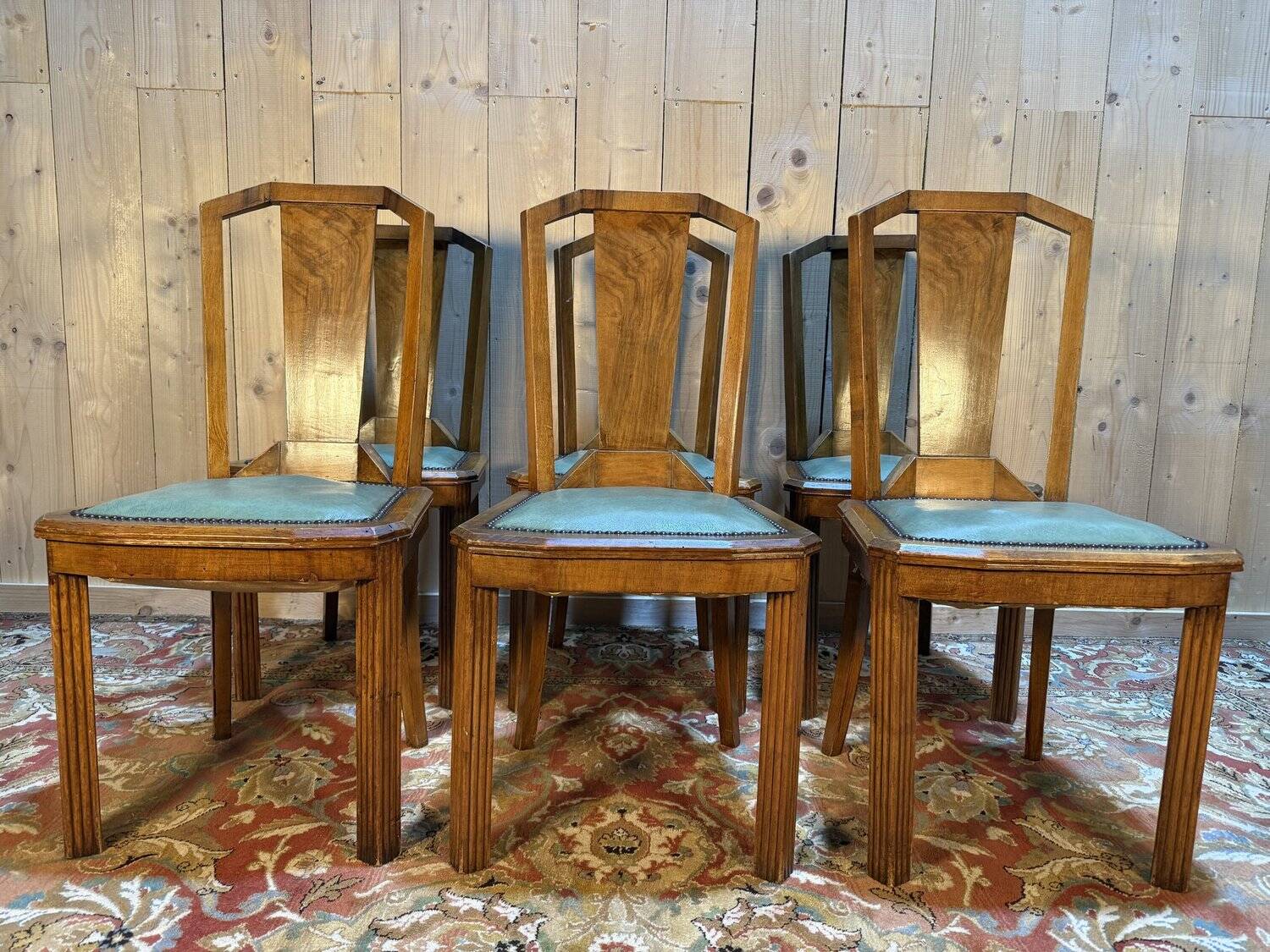 6 Art Deco period chairs in green vinyl