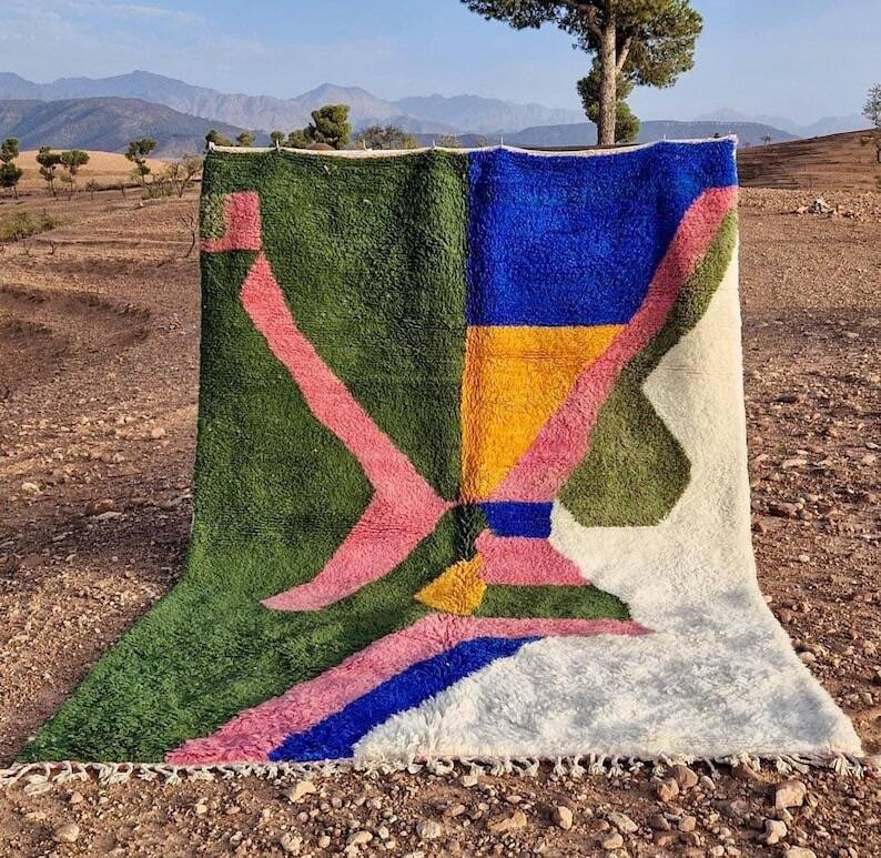 Handmade natural wool Berber rug with colourful patterns, size 1.5/2.5m.