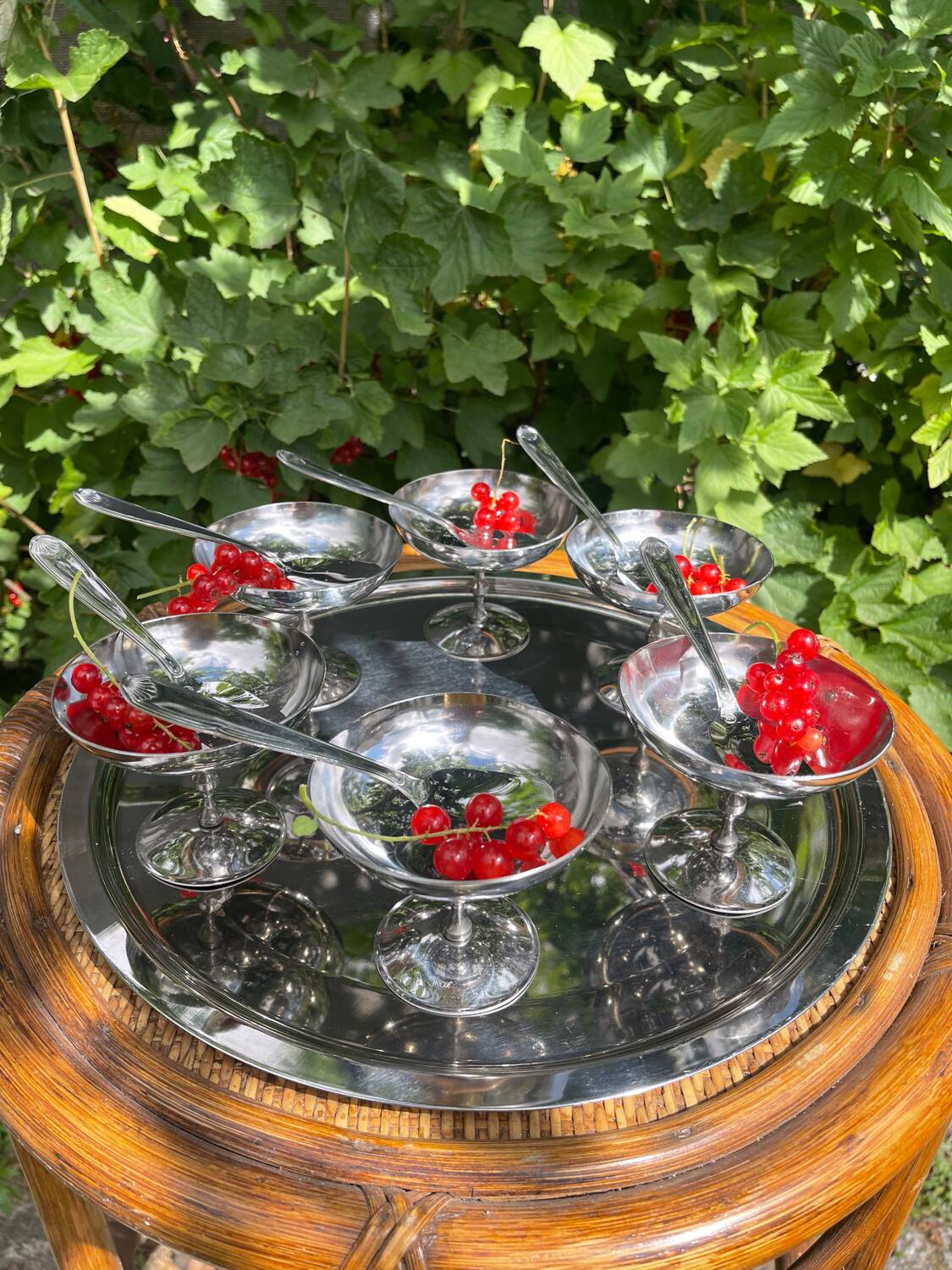 Vintage Stainless Steel Ice Cream Cups, Spoons and Trays
