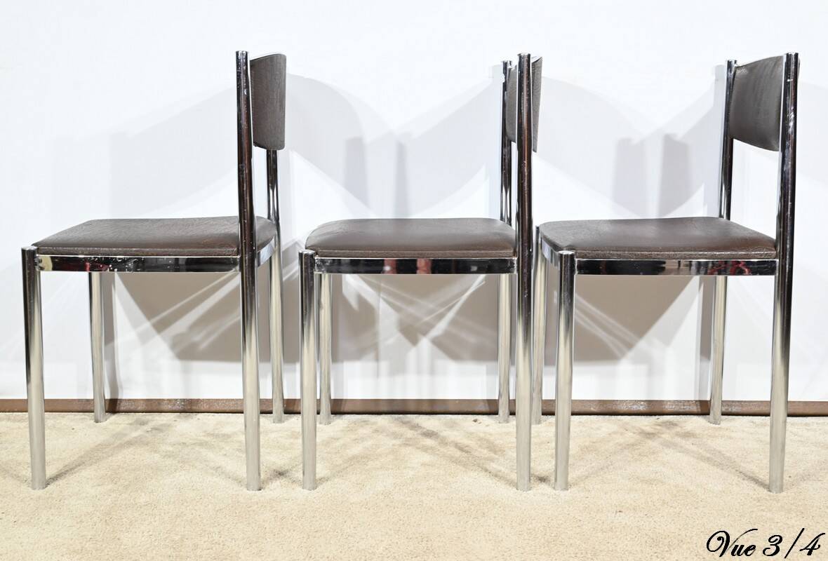 Suite of 3 Leather and Chrome Metal Chairs, attributed to Collomb Creation – 1970