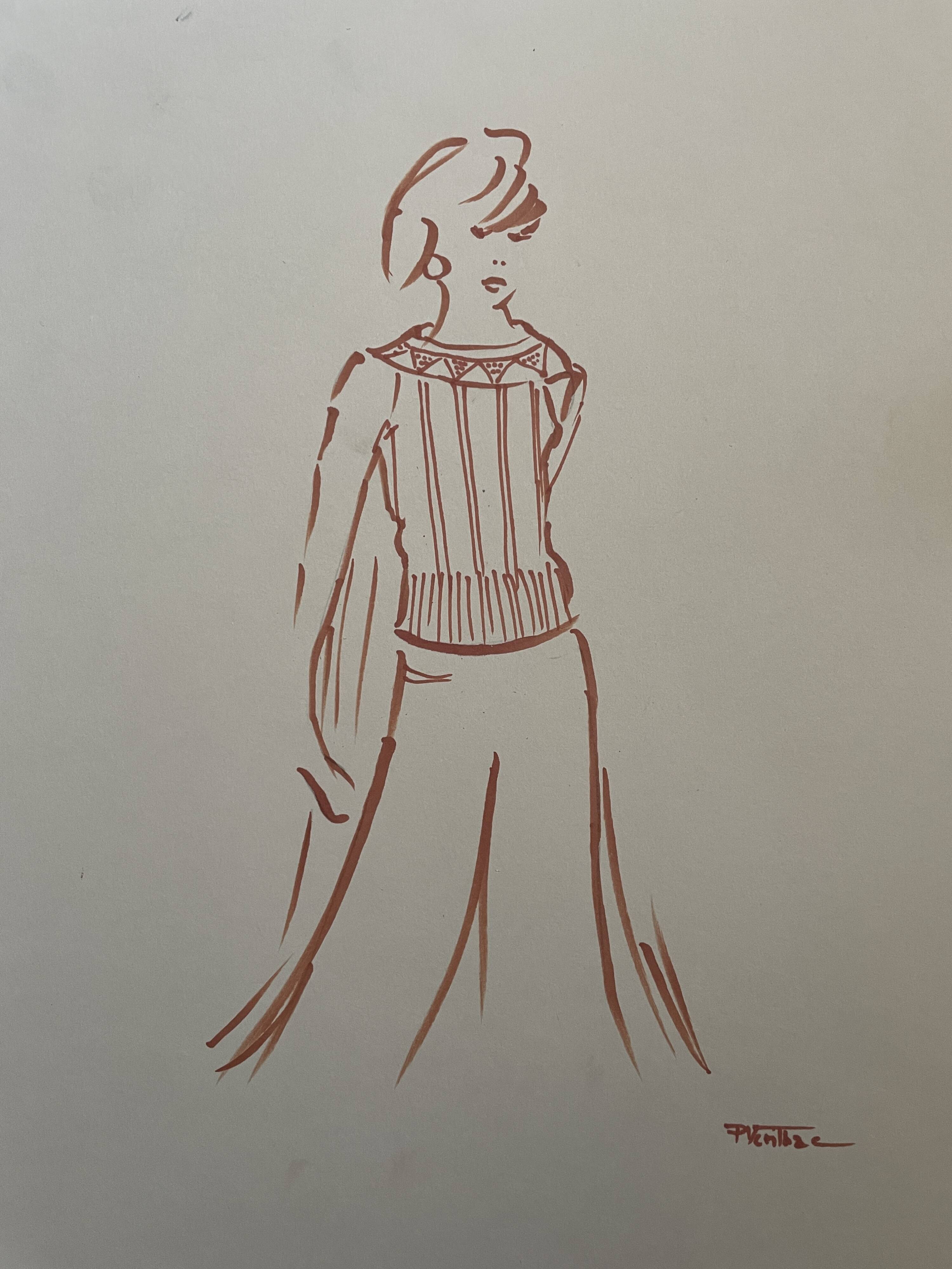 Painting signed in ink fashion engraving "study of a woman's sweater model"