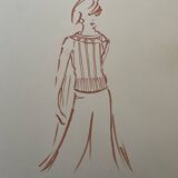 Painting signed in ink fashion engraving "study of a woman's sweater model"