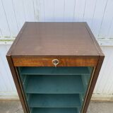 1970 oak office storage cabinet with curtains.