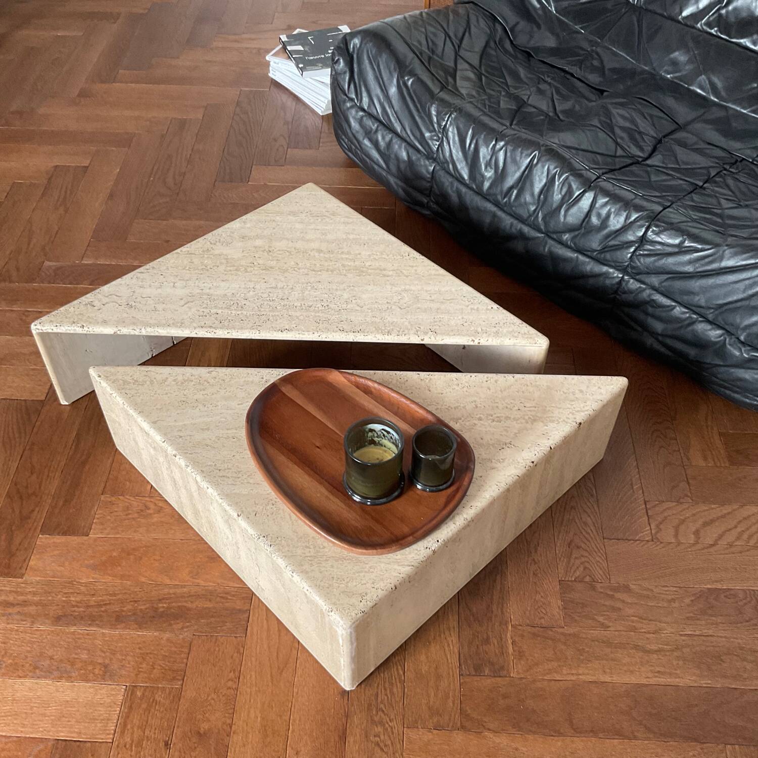 Ligne Roset vintage travertine nesting coffee tables