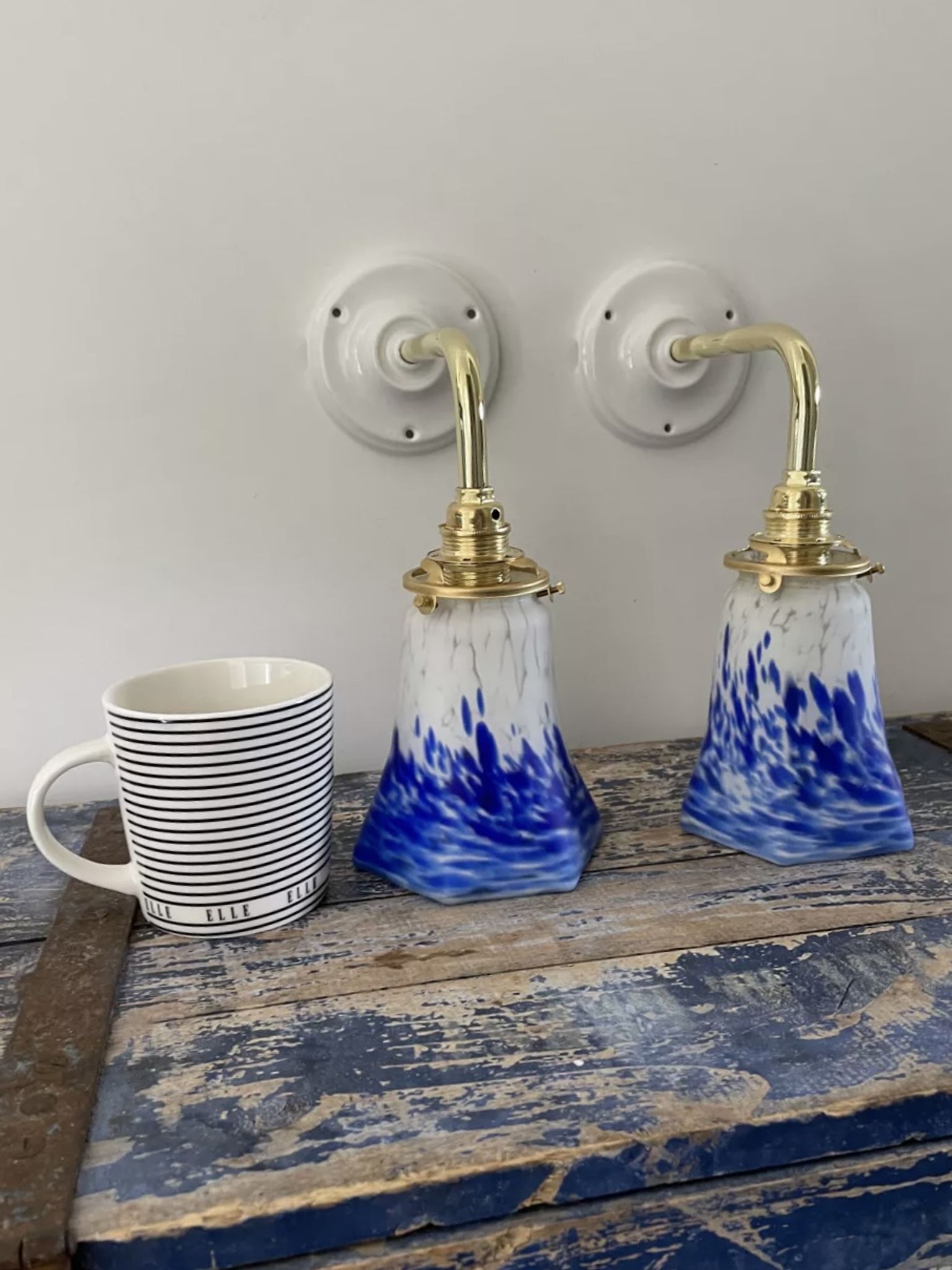 Set of two blue Art Deco wall lamps