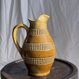 Vintage yellow stoneware carafe with beaded friezes Made in France H22