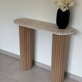 Travertine and wood console | raw oak
