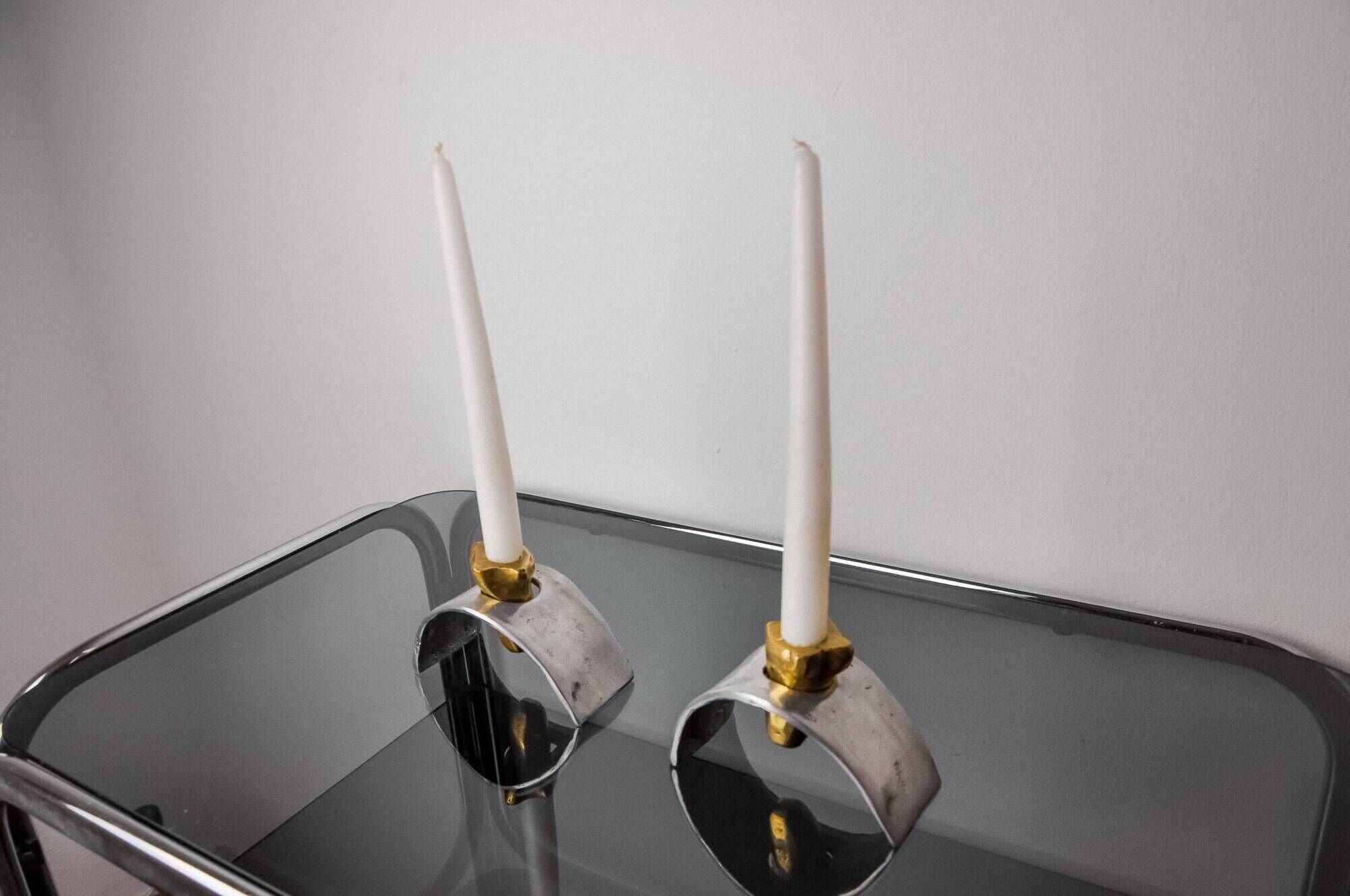 Pair of Brutalist candlesticks by David Marshall, bronze and aluminum, Spain, 1970