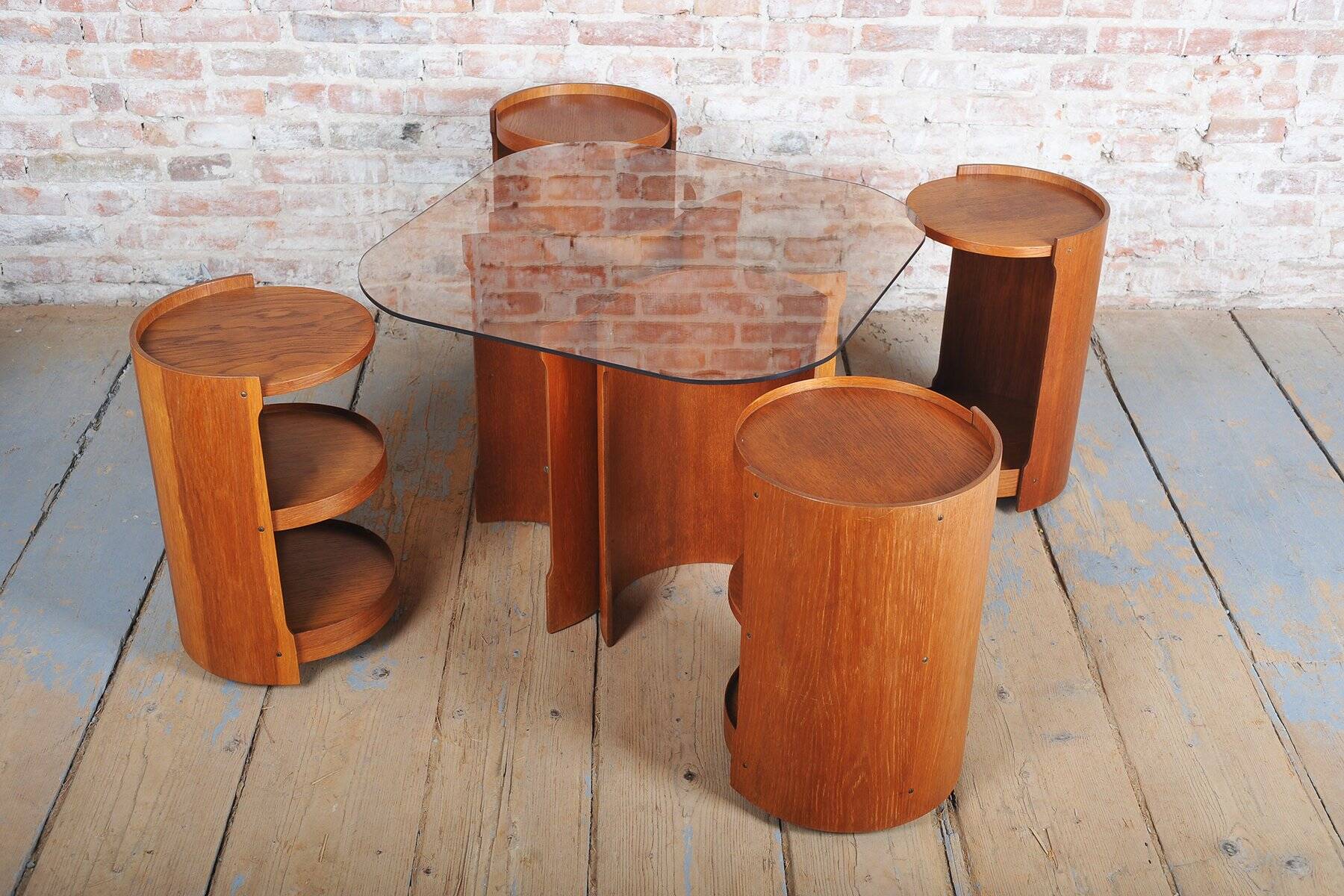 Mid-Century Modern Nesting Table in Oak and Smoked Glass, Czech, 1960s, Set of 5