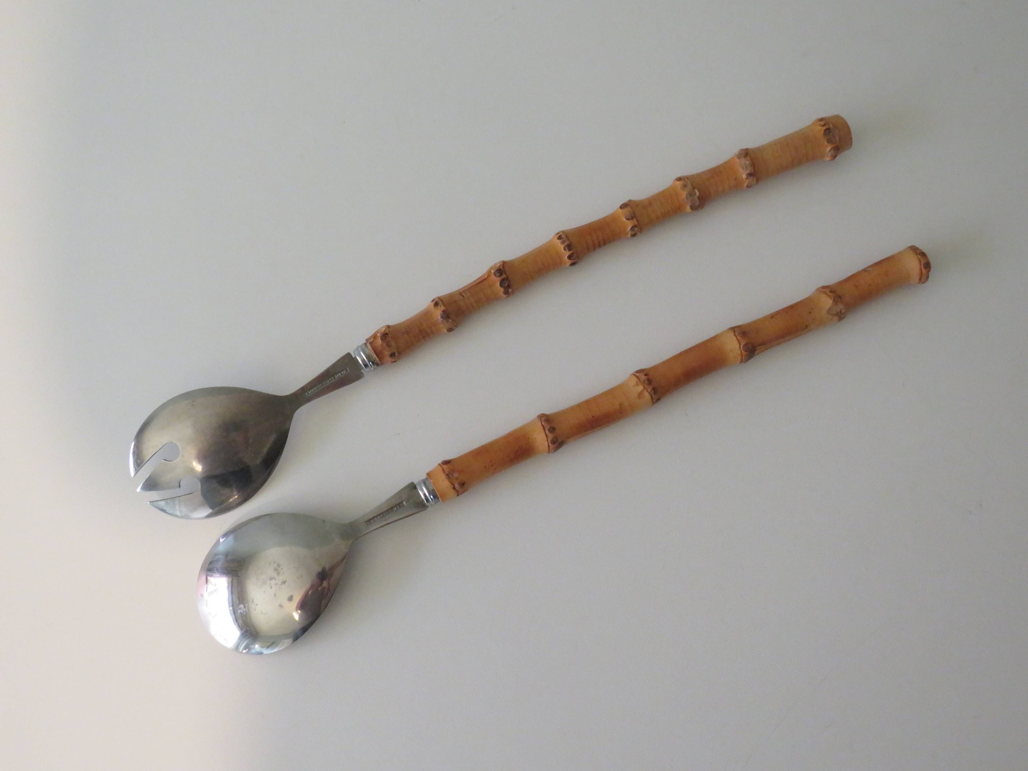 Bamboo and stainless steel salad cutlery, 1960 Japan
