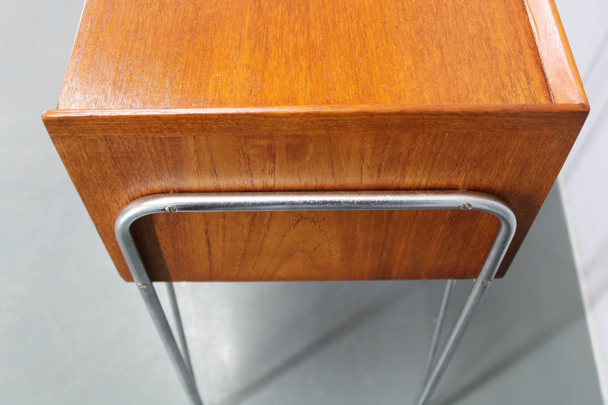 1960s Danish teak shelf cabinet with chrome plated legs