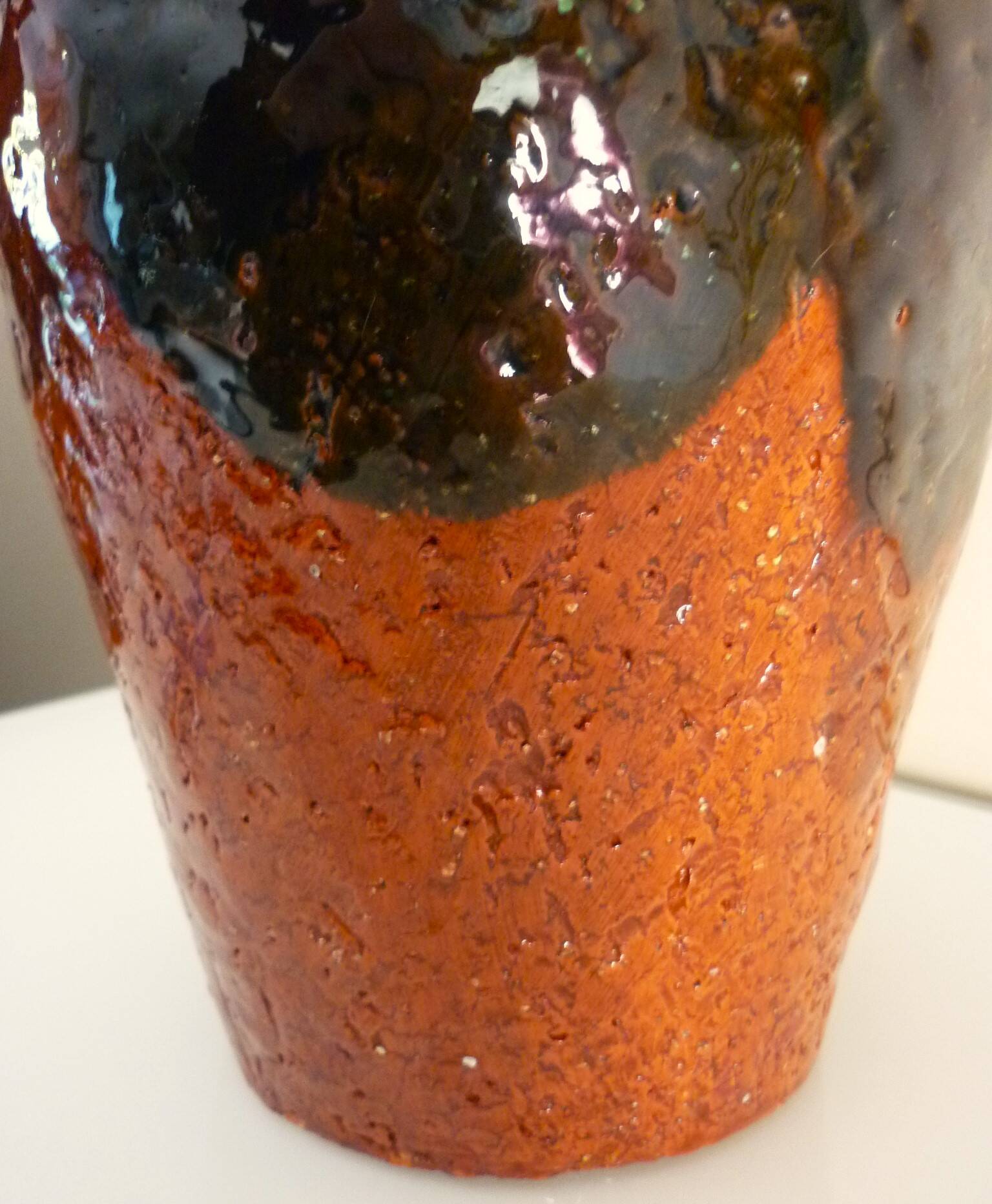 Ceramic vase, chamotte terracotta, enamelled, signature to be identified, vintage