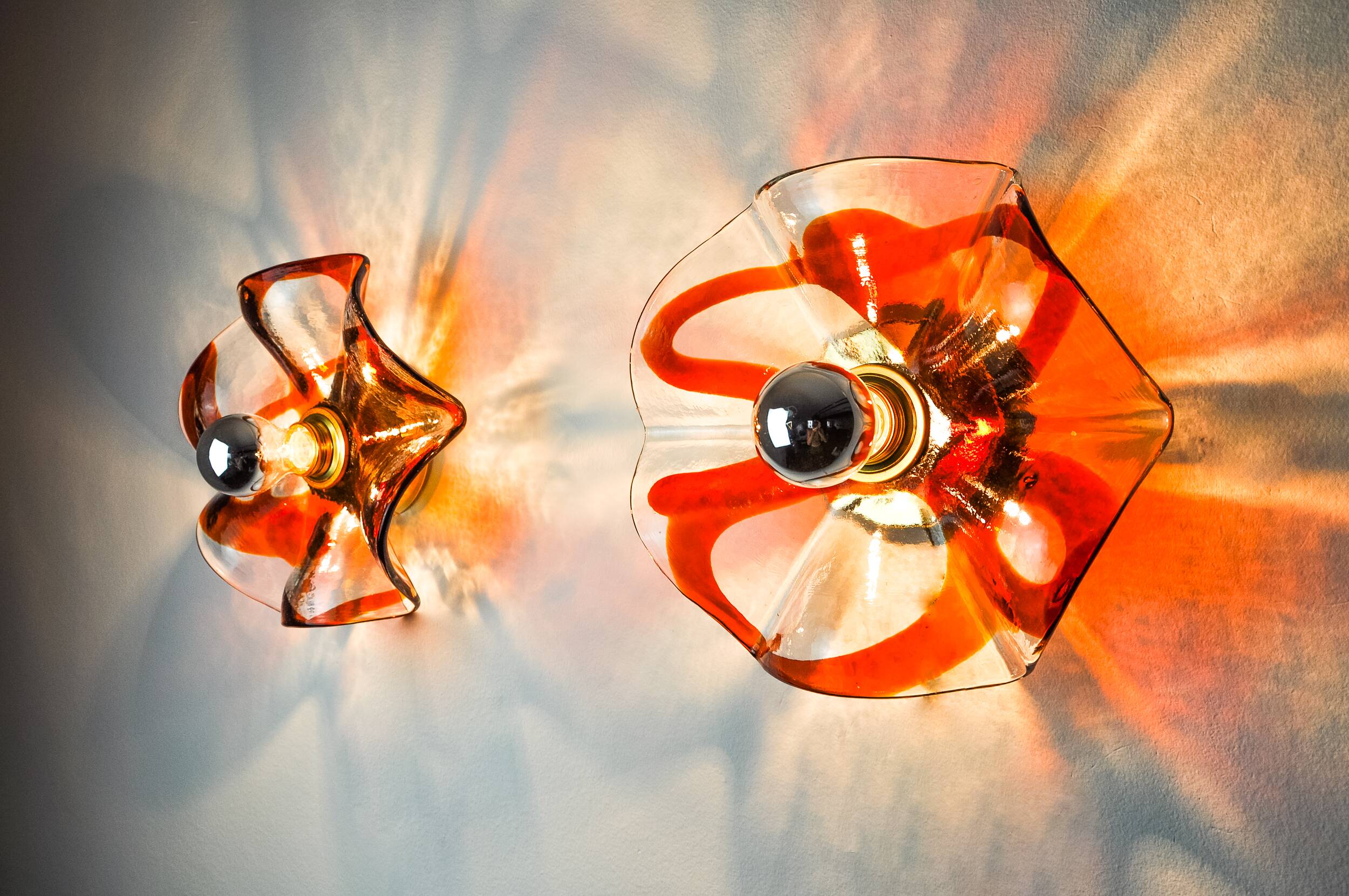 Pair of Fleur wall lights by Murina, orange Murano glass, Italy, 1970