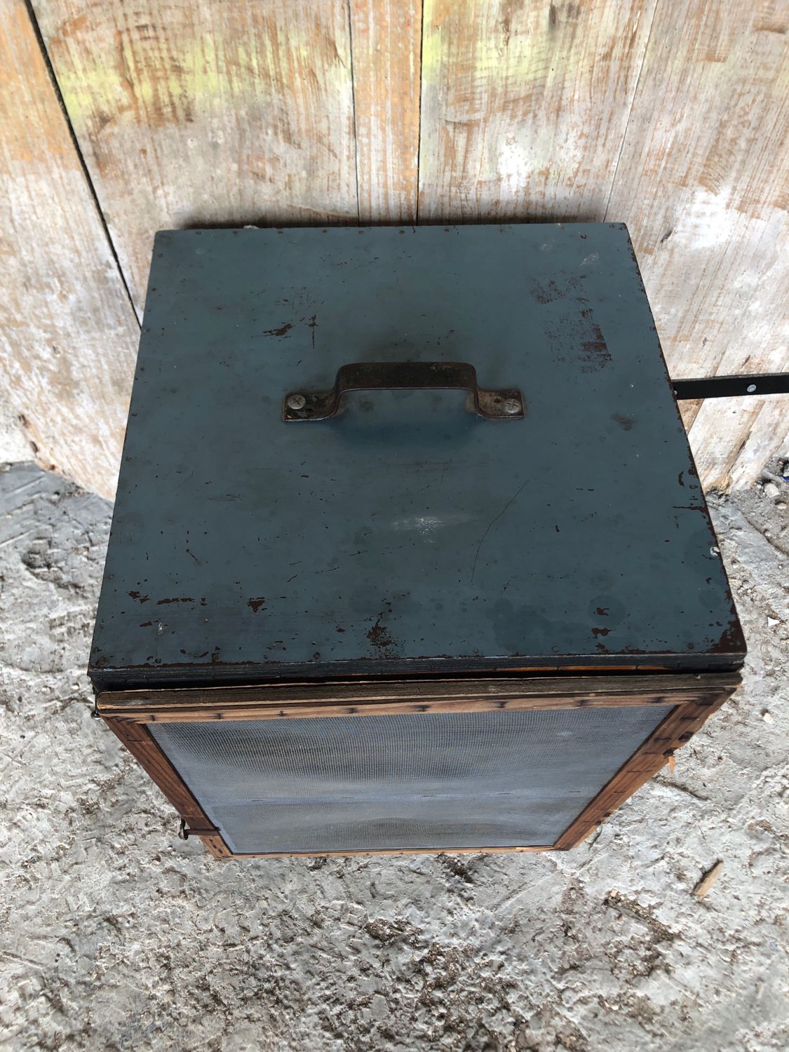Old wooden pantry cabinet and mesh & vintage metal handle