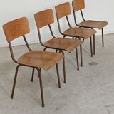 Set of 6 Czech school chairs in metal and wood, Kovona bistro style.