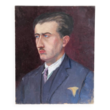 Old oil painting on cardboard portrait of a man in a blue suit