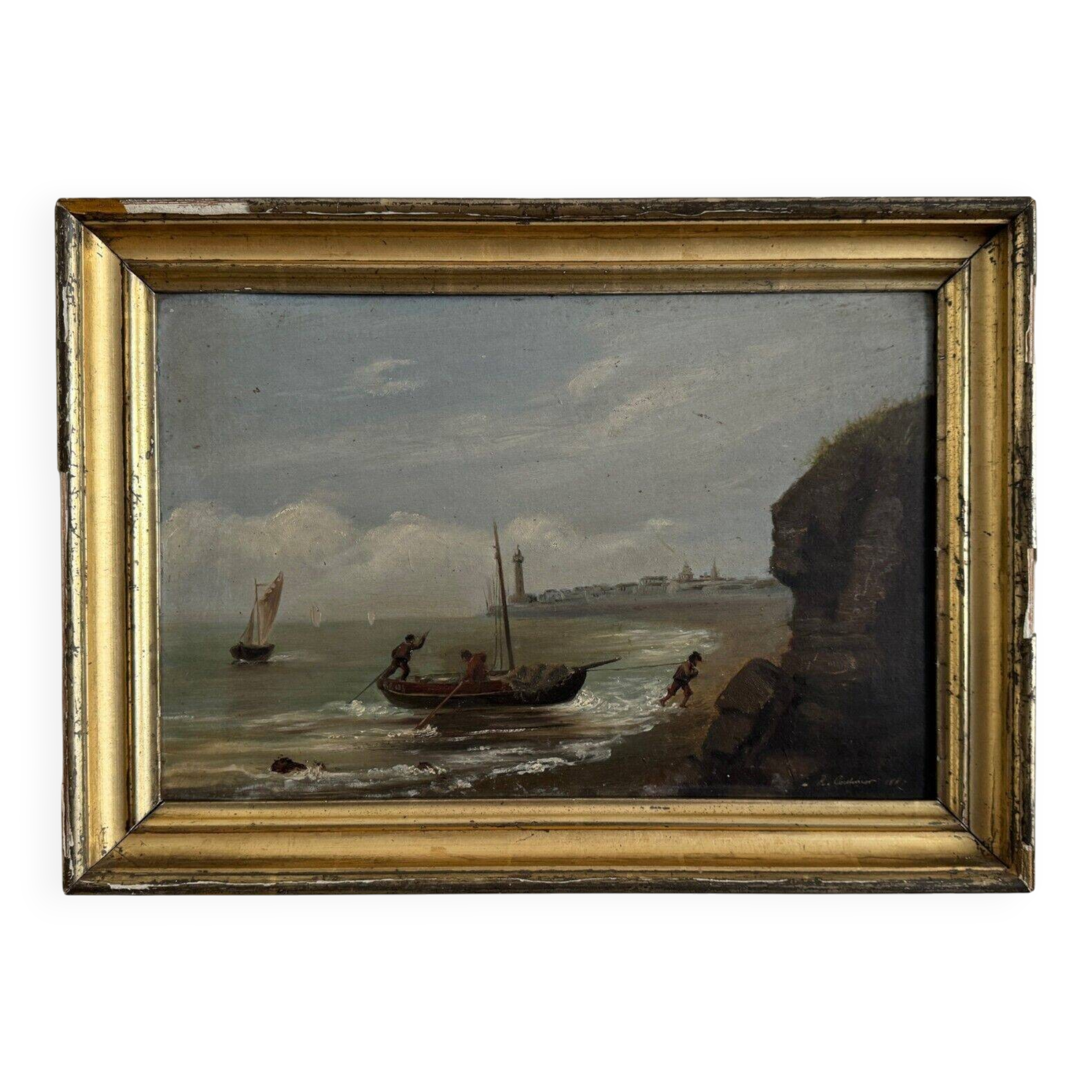 Oil on cardboard by R. Coubinier 1887 boat on a rocky coast
