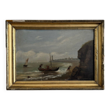 Oil on cardboard by R. Coubinier 1887 boat on a rocky coast