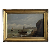 Oil on cardboard by R. Coubinier 1887 boat on a rocky coast