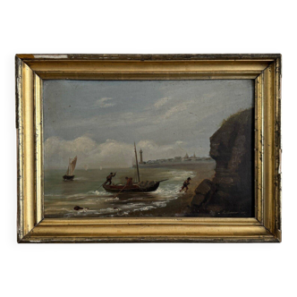 Oil on cardboard by R. Coubinier 1887 boat on a rocky coast