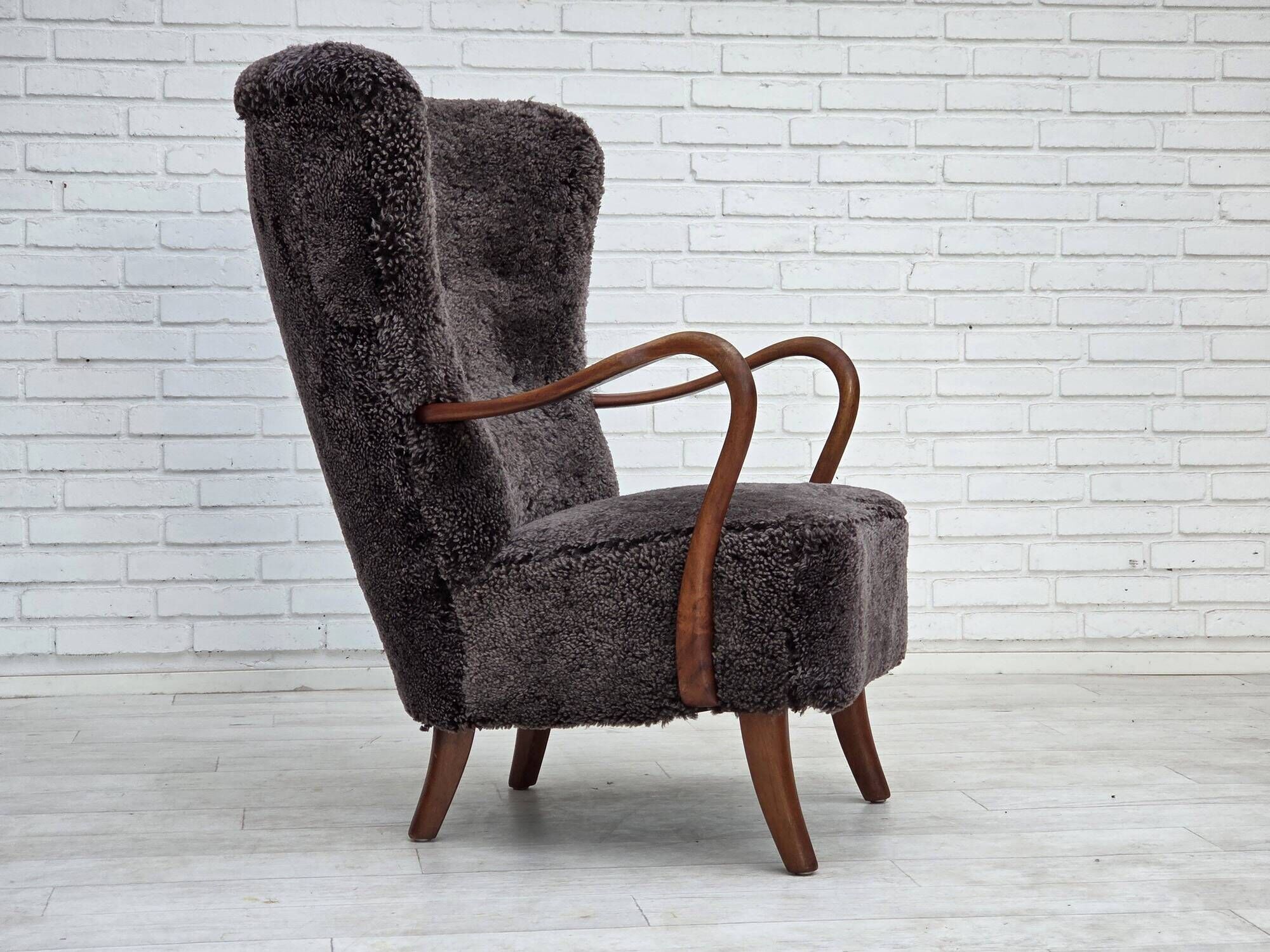 1960s, Danish armchair, reupholstered, genuine sheepskin.