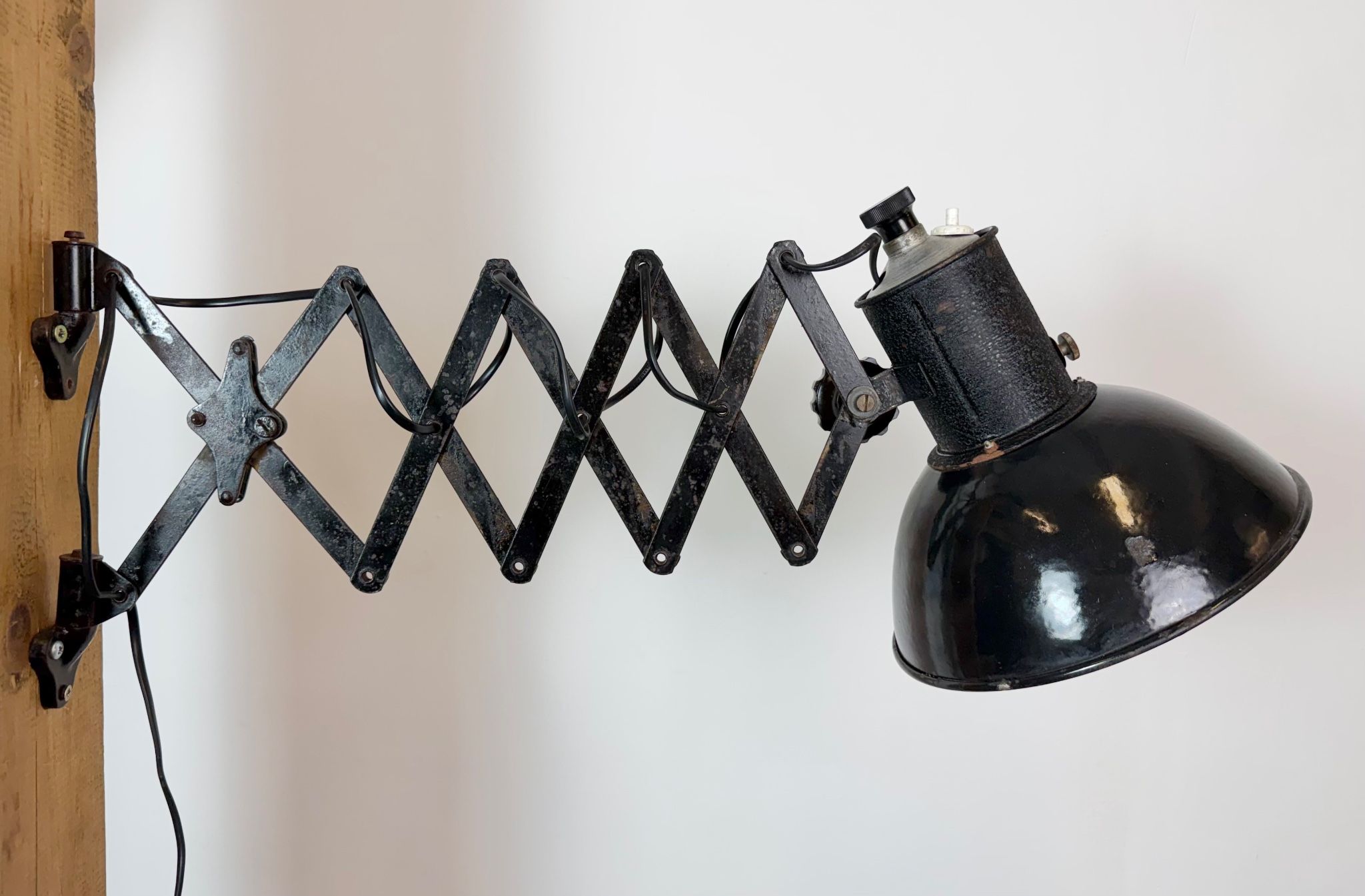 Industrial Black Enamel Scissor Wall Lamp, 1950s