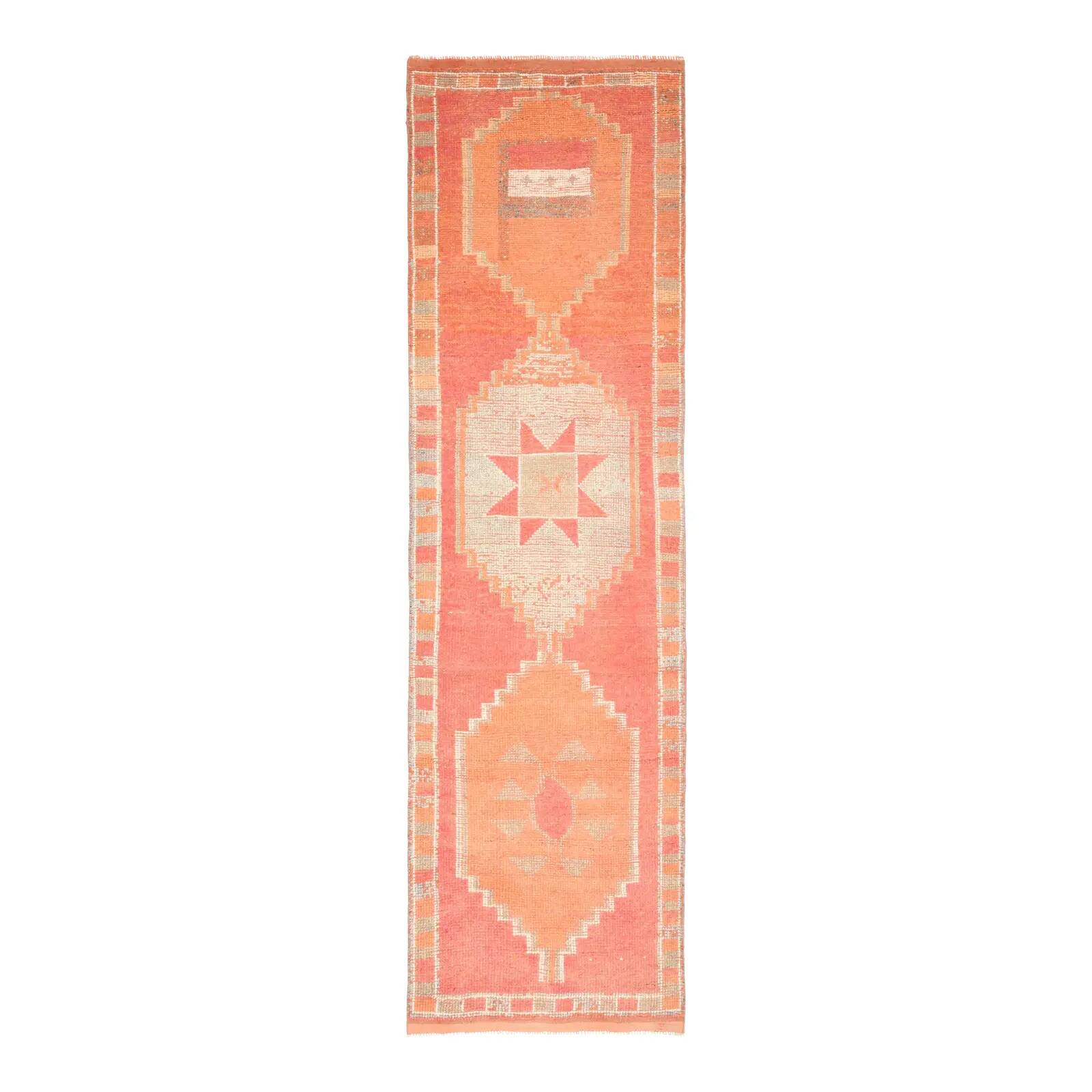 Vintage Turkish hand-knotted wool cotton orange runner rug 96x339