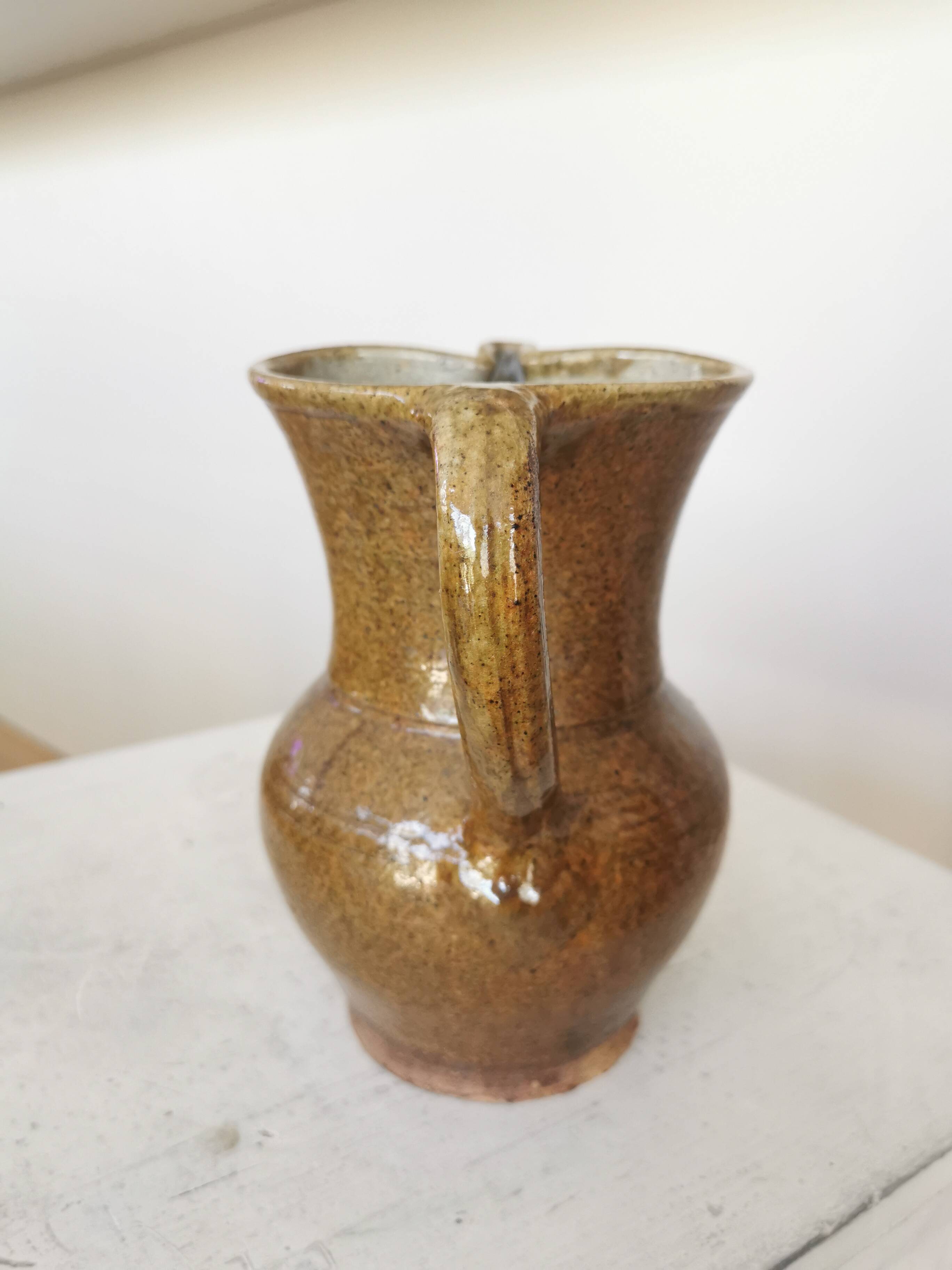 Vintage Studio Pottery Owl Pitcher: Speckled Glaze Stoneware Vase