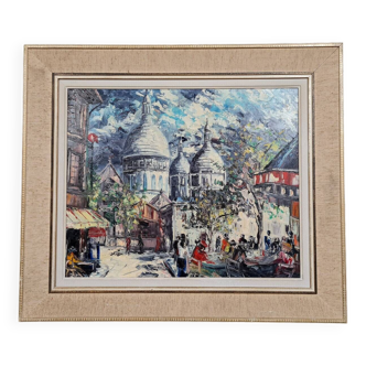 Huile sur toile "Place du Tertre", Montmartre Paris, par Henri Moreillon vers 1960