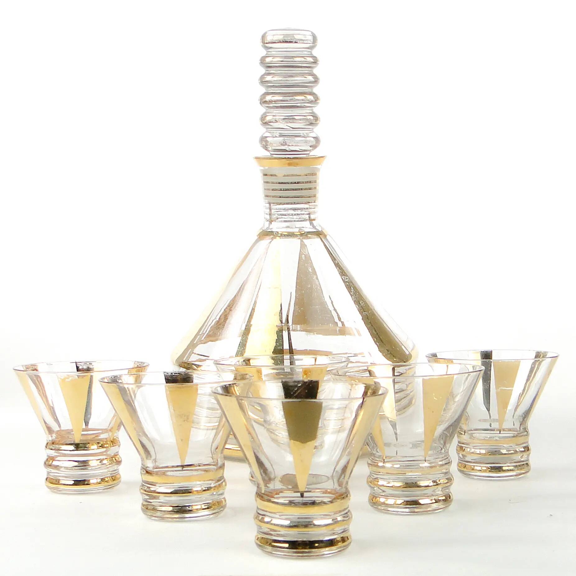 Mid-century modern liqueur set, clear gilded glass, Kamenický Šenov, Czechoslovakia, 1950s
