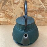 Antique japanese green cast iron teapot flower decor + vintage stand